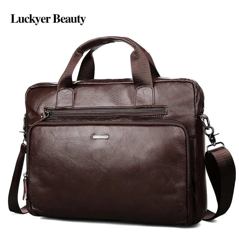 

LUCKYER BEAUTY Designer Briefcase Business Men Laptop Documents Bag Genuine Leather Men's Shoulder Bag Luxury Male Crossbody Bag