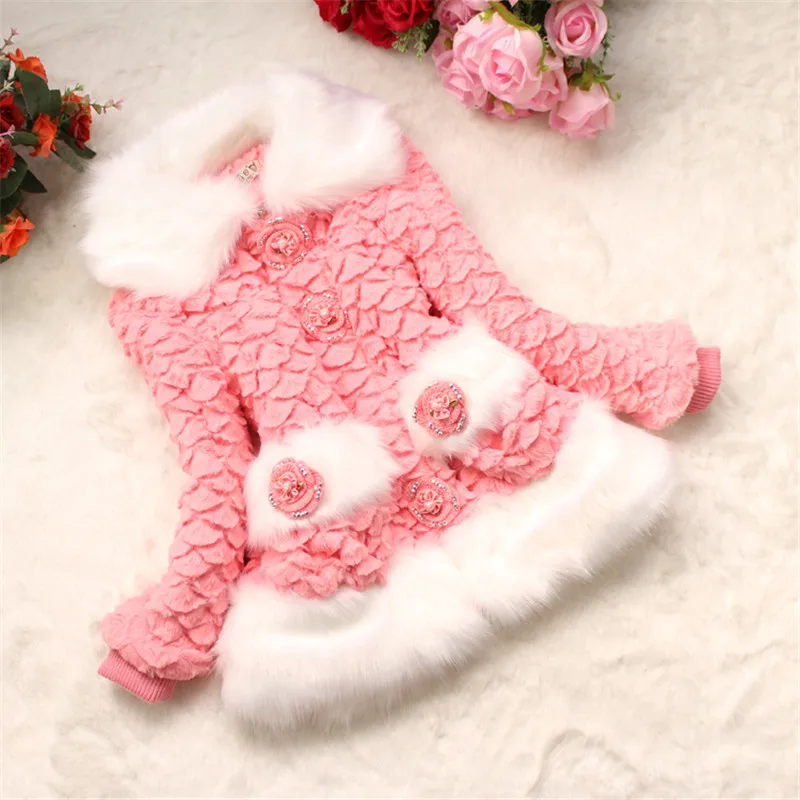 

Fashion Winter Children Casual Coat Flowers Faux Fur Wide Lapel Outerwear Infant Clothing Kids Girls Clothes Kepp Warmming