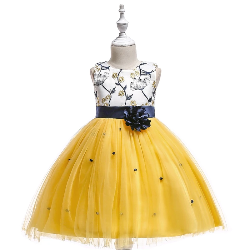 

Children's mesh fluffy cute sleeveless beaded embroidered girls dress printed lace round neck princess dresses