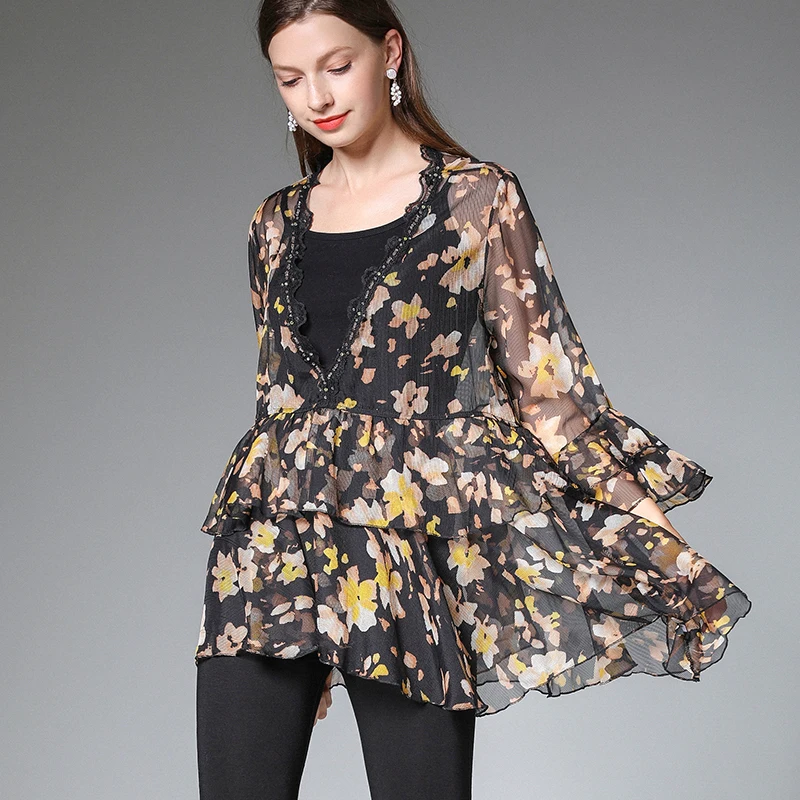 

2019Summer Women V neck elegant Floral chiffon shirt set beaded ruffled Flare sleeves asymmetrical loose casual blouse topsXXXXL