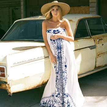 Jastie Embroidered Maxi Dress Strapless Summer Dresses Elastic Back Casual Women Dress Boho Chic Long Beach Dresses Vestidos keyhole back scallop trim eyelet embroidered dress