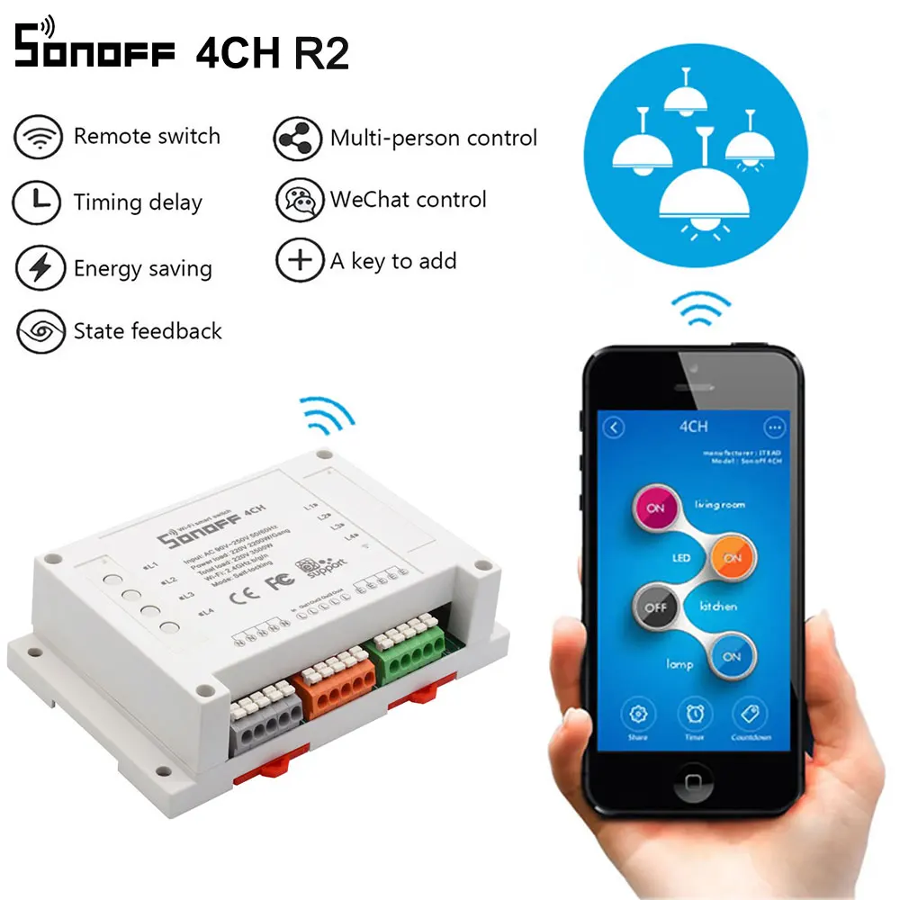 Sonoff 4CH R2 Wifi смарт-коммутатор 4 банды Wifi светильник переключатель умный дом приложение удаленный прерыватель реле работает с Alexa Google Home