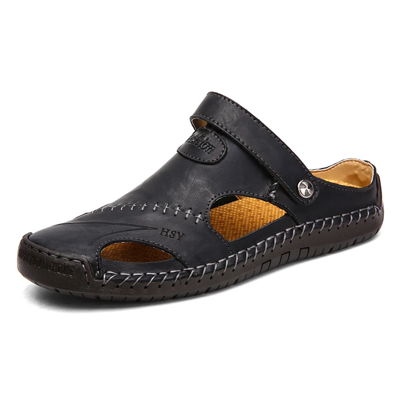 Мужские сандалии из мягкой кожи; классические римские сандалии; Повседневная Удобная обувь; летние пляжные мужские сандалии; повседневные кроссовки; размеры 38-48 - Цвет: Черный