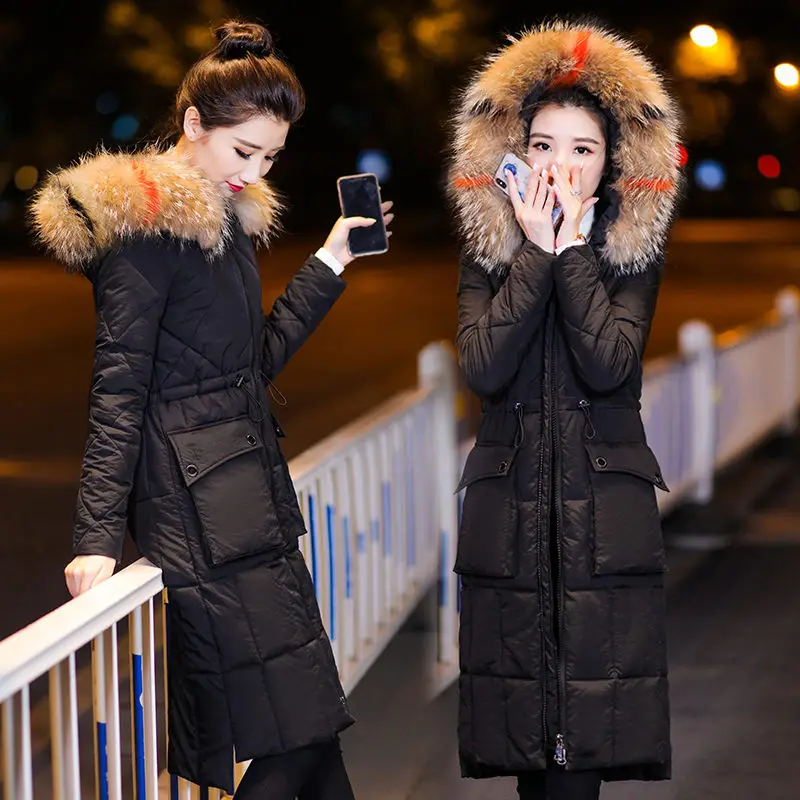 Теплое зимнее пуховое пальто с карманами, женская новая длинная куртка из хлопка в Корейском стиле, приталенные модные парки с капюшоном на шнуровке f1222