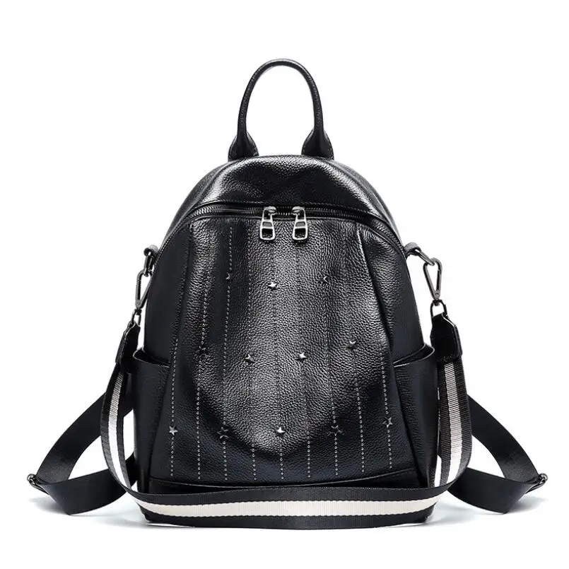 FoxTail& Lily Summer New Rivet Striped Backpack Women Luxury Designer Genuine Leather Shoulder Bags Female Travel Backpacks