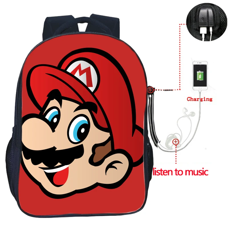 6 Hot Cartoon Super Mario USB Charge Bags Students Boys Girls Backpack Fashion Beautiful Knapsack Teens Daily Bags - Цвет: 6