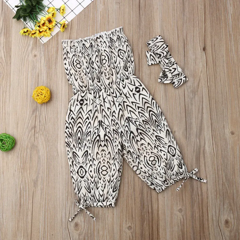 

2PCS Toddler Baby Girls Fashion Strapless Jumpsuits+Headband Little Girl Romper Cotton Boho Beach Jumpsuit Trousers Outfits 2019