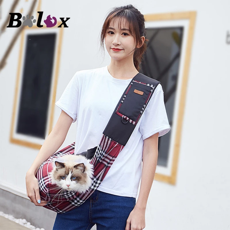 Cat Carrier Outdoor Travel Sling Bag for Cats Portable Shoulder Pet Bag Nylon Plaid Pet Carrier for Chihuahua Puppy Kitten