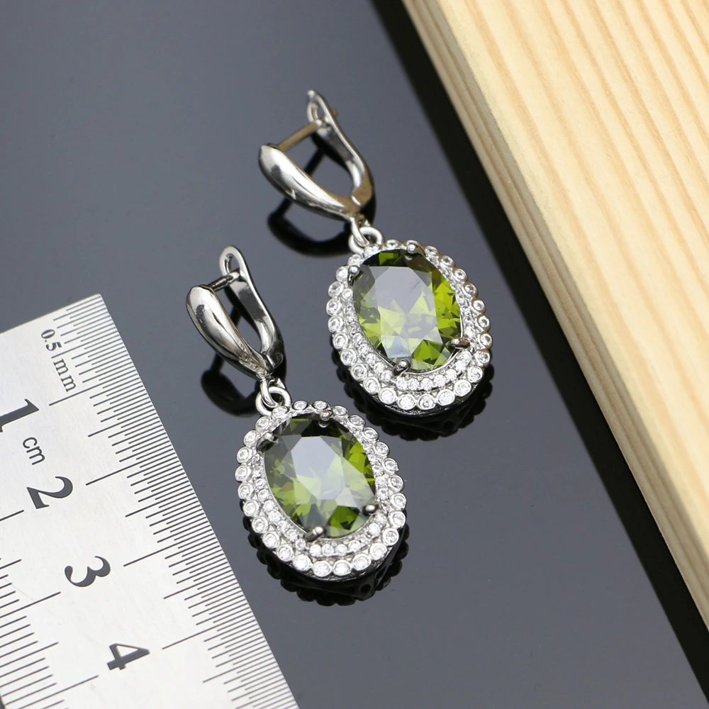 Серьги с оливковым зеленым камнем 925 пробы серебряные ювелирные изделия CZ для свадебного украшения серьги набор дропшиппинг