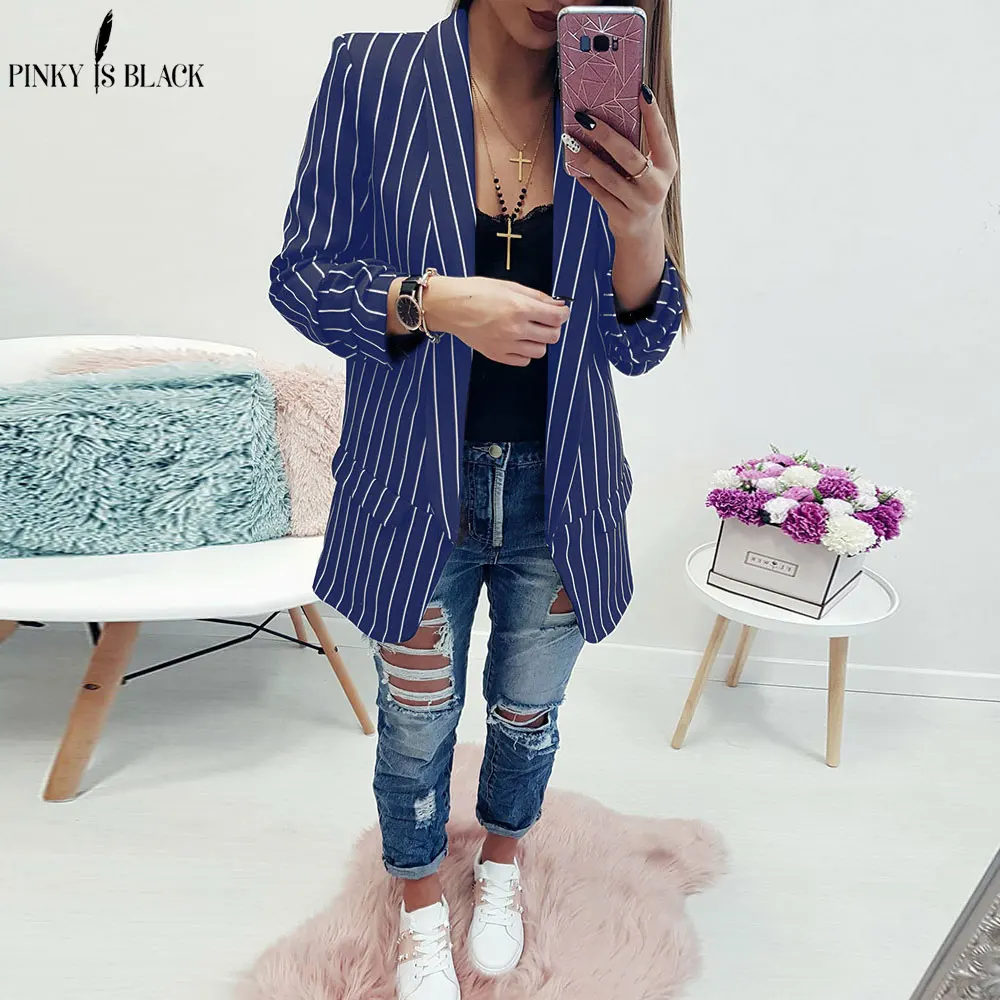 PinkyIsBlack Spring Female Blazer Jacket Black White Striped Casual Suit Long Sleeve Women Jacket Blazer Autumn Cardigan Femme
