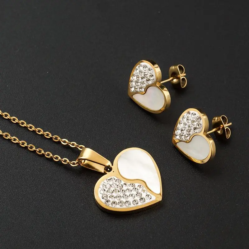 Elegant Stainless Steel Heart Jewelry Sets Gold Color Crystal Pendant ...