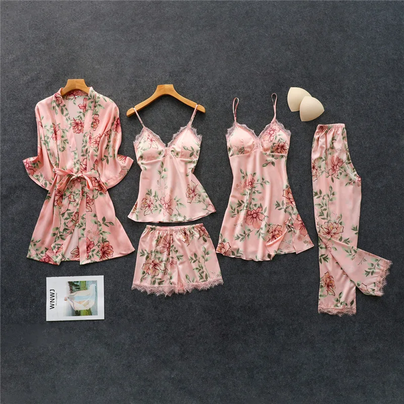 

Women Pajamas 5 Pieces Satin Sleepwear Pijama Silk Lace Home Wear Home Clothing Printing Sleep Lounge Pyjama with Chest Pads