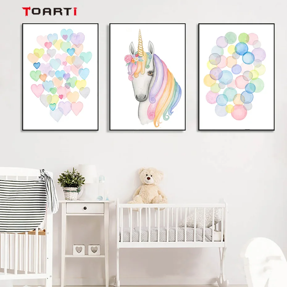 

Unicorn horse nursery wall art canvas painting watercolor polka dot heart poster and print kids room baby girls room home decor