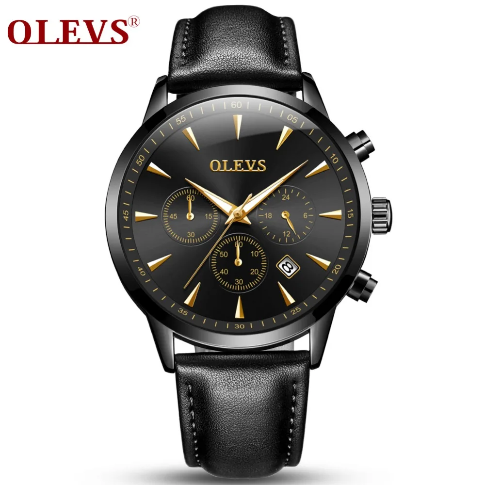 OLEVS Брендовые мужские часы топ класса люкс из натуральной кожи кварцевые с датой