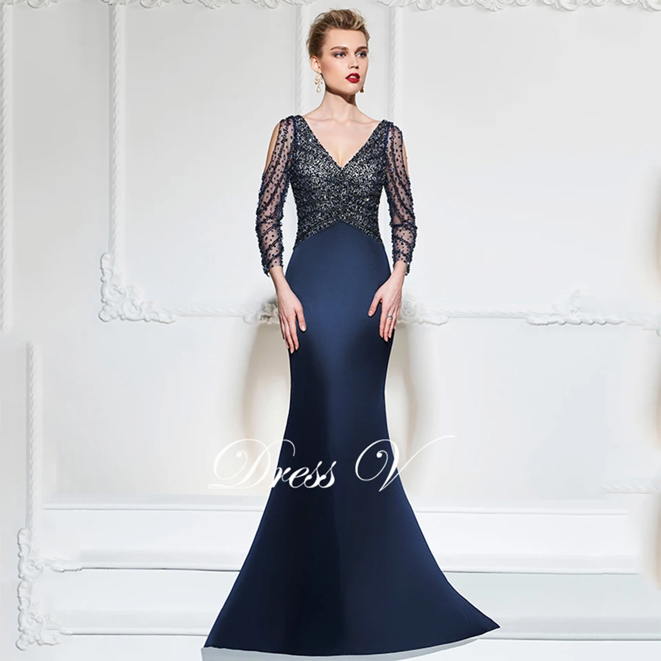 Dressv темно-синее длинное вечернее платье русалки с v-образным вырезом и рукавами 3/4 на пуговицах, свадебные вечерние платья, вечернее платье с блестками es