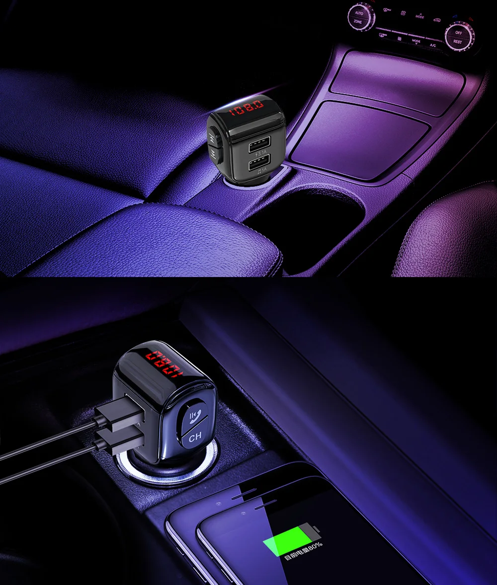 KCAR1013_8_JONSNOW A01 Mini Car Charger MP3 Player Double USB Car Fast Charger Bluetooth 5.0 FM Transmitter 68dB Wireless Bluetooth Car Kit