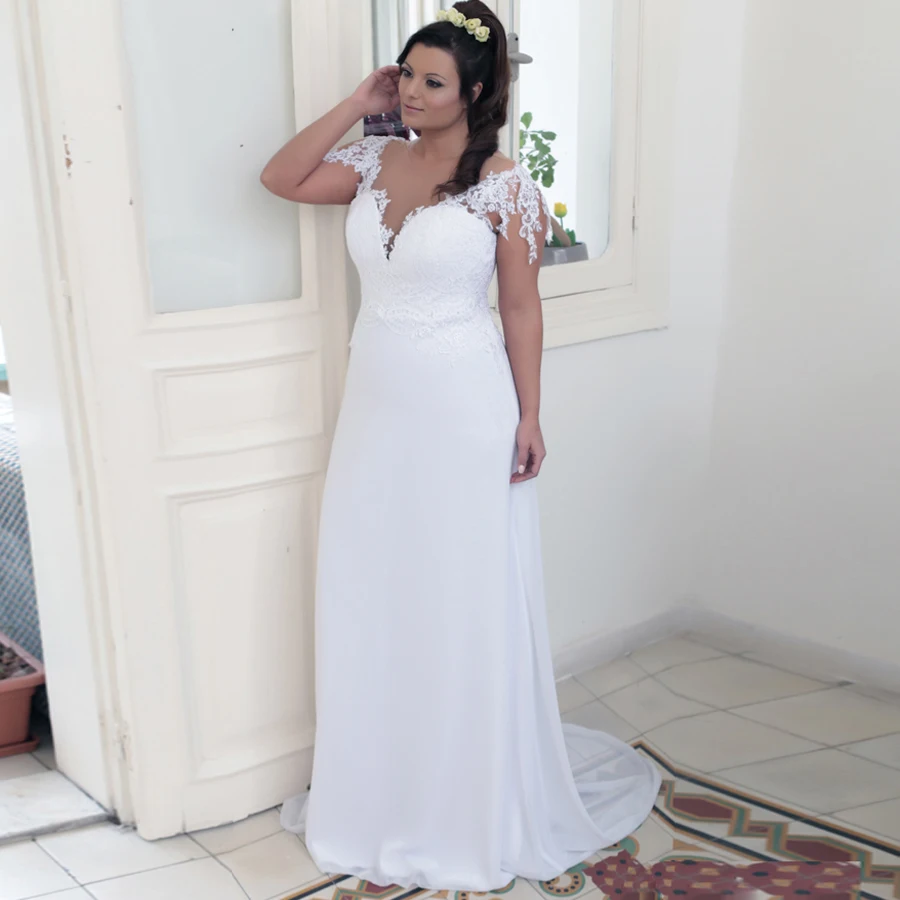

Eightale Plus Size Wedding Dress V-neck Vestido De Novia Cap Sleeve Applique Chiffon Backless Wedding Gown Beach Bride Dresses