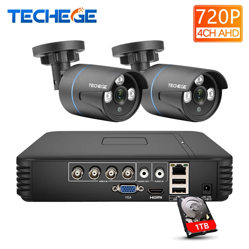 

Techege 4CH 720P AHD DVR Kit 1.0MP Security Surveillance System 2PCS Outdoor indoor AHD Cameras 1200TVL CCTV Camera kit