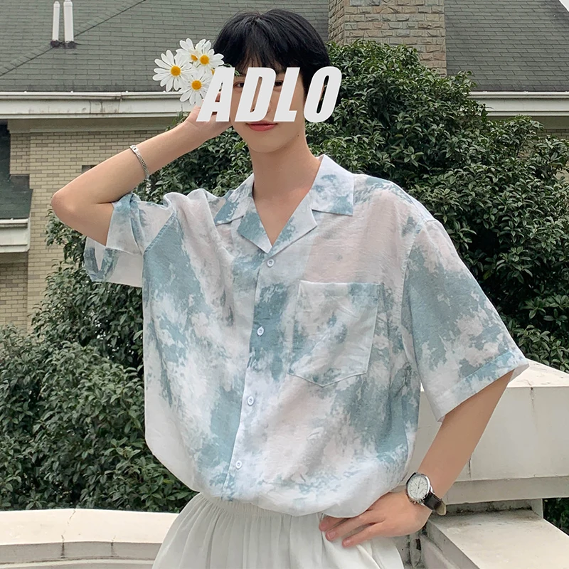 

Men's shirt new 2019 summer tie-dye short sleeve gradual change simple patchwork shirt loose casual personality young men's wear