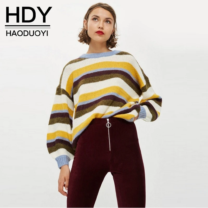 

HDY 2019 Sweater Women Oversized Striped Loose Style Pullovers Sweater Stripe Long Sleeve Autumn Winter New Arrival Plus Size