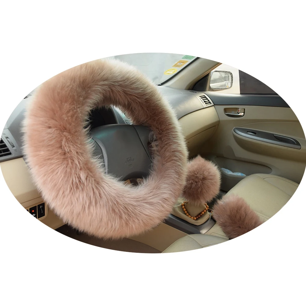 

Winter Warm Wool Handbrake Cover Gear Shift Cover Steering Wheel Cover 38cm diameter 1 Set 3 Pcs