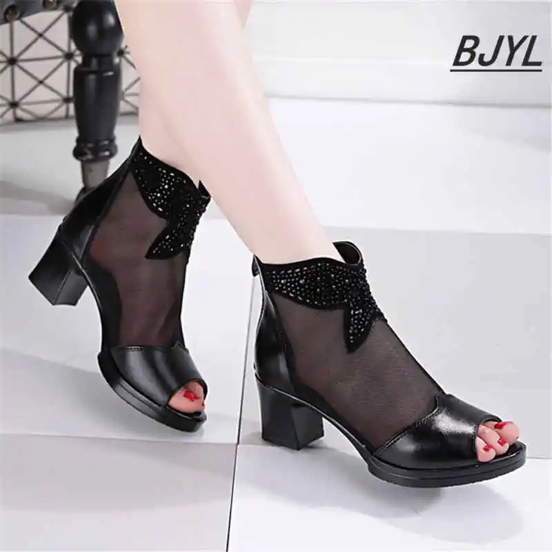 

2019 summer new mesh sandals thick with heel rhinestone fish mouth women's sandals