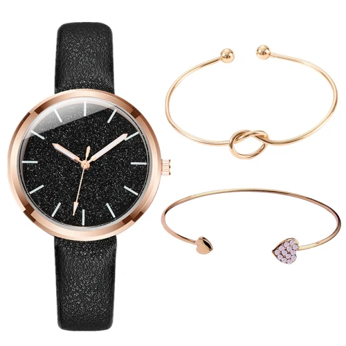 Black with Bracelet 3 шт./компл. часы браслет набор Для женщин; модная женская обувь с блестками женские часы Для женщин часы с кожаным ремешком, Для женщин часы подарок zegarek damski - Цвет: Black with Bracelet