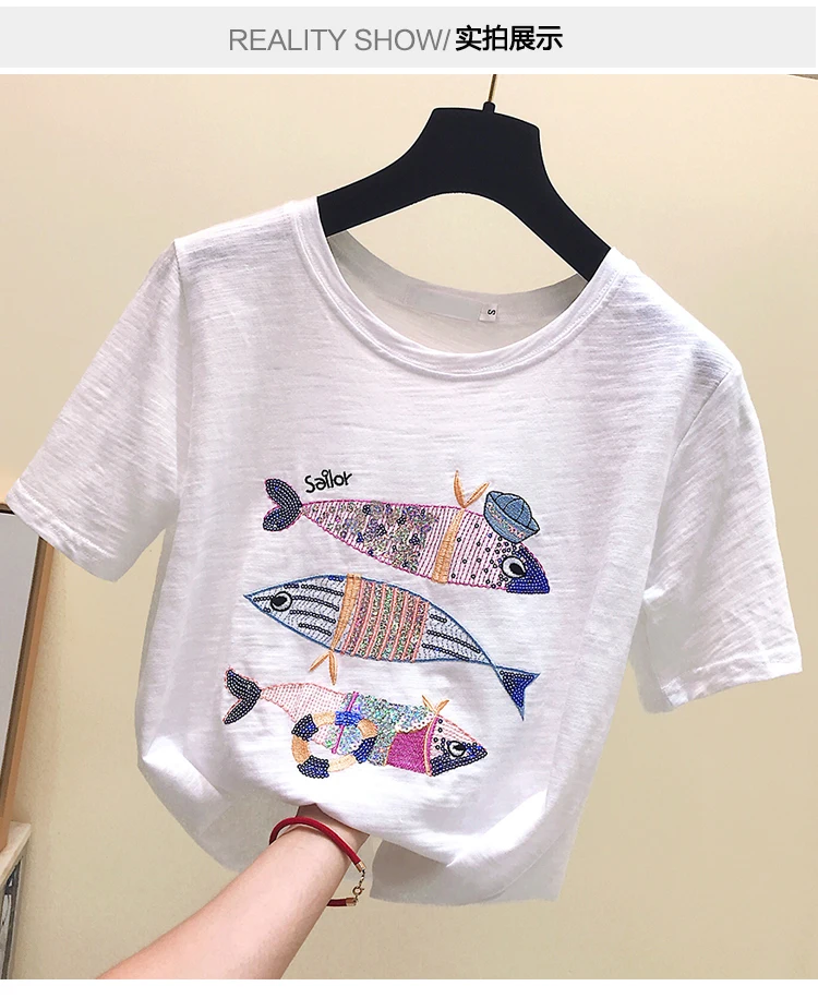 Летняя забавная женская футболка с вышивкой повседневные топы с животными Женская свободная хлопковая футболка с коротким рукавом Женская Harajuku белая