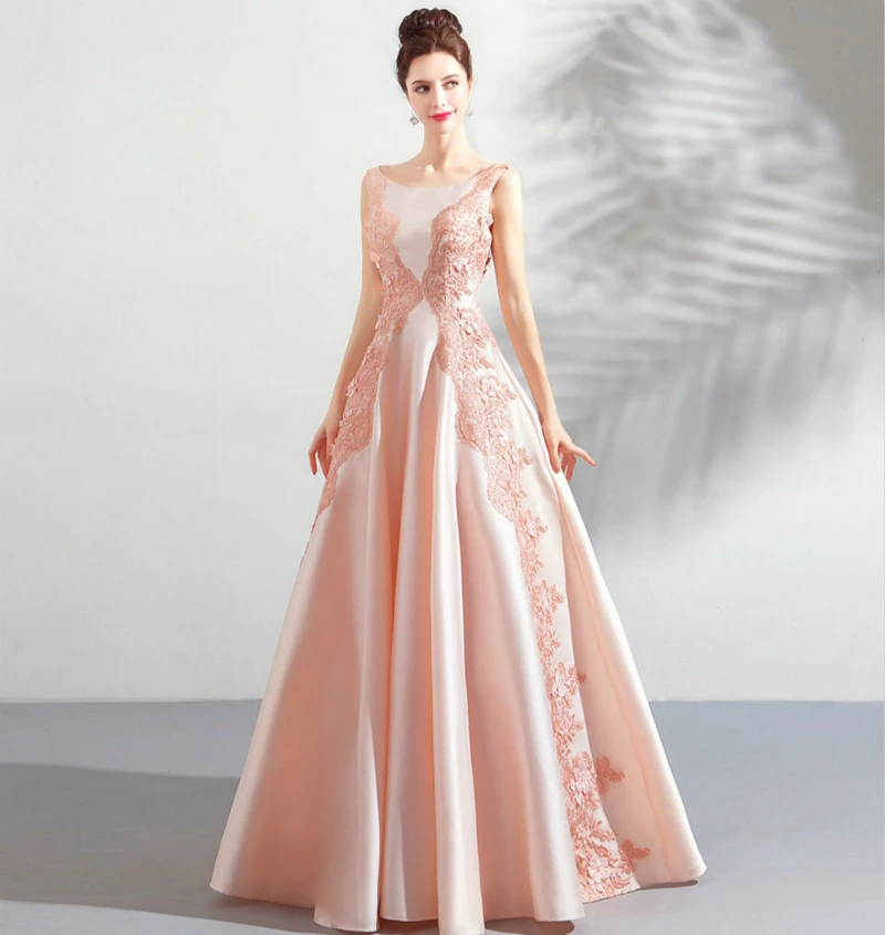 SSYFashion/ милый светильник, розовое вечернее платье для банкета, элегантное атласное платье с кружевной аппликацией, без рукавов, длина до пола, вечерние платья для выпускного вечера