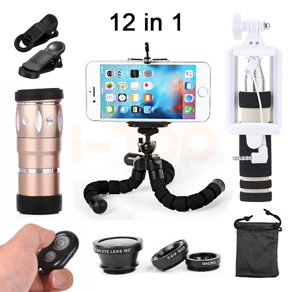 

New Camera lentes Kit 10X Telephoto Zoom Telescope Lenses Fisheye Wide Angle Macro Lens With Selfie Stick Clips Mobile Tripod