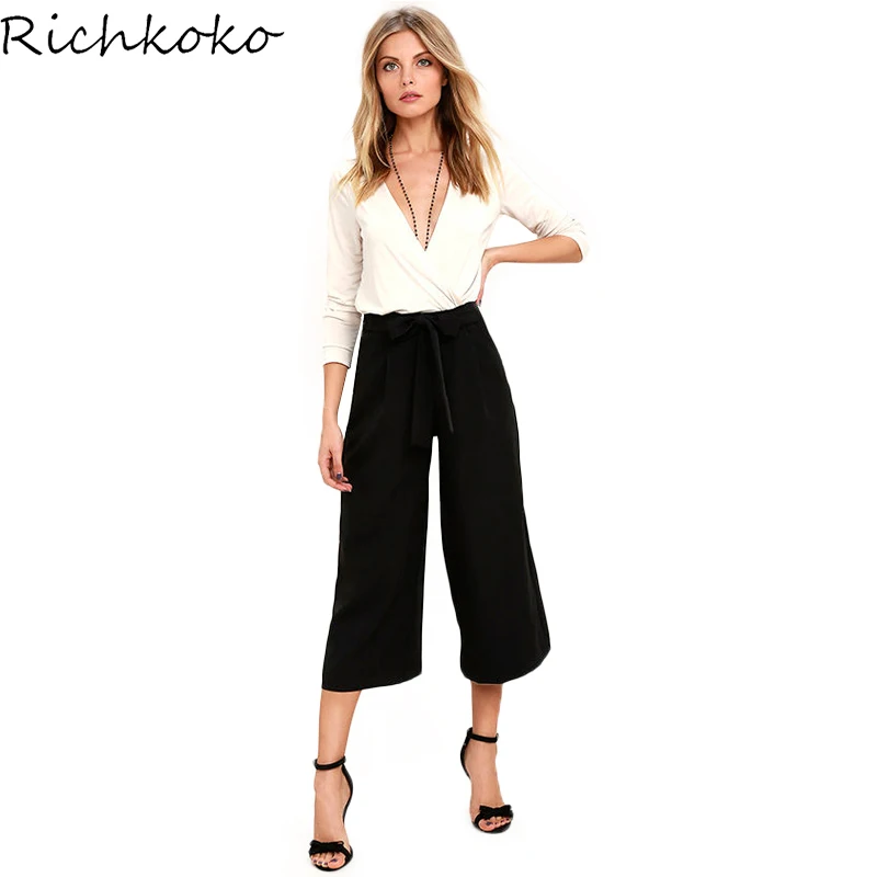 Richkoko одежда Для женщин однотонные черные брюки краткое Повседневное широкие