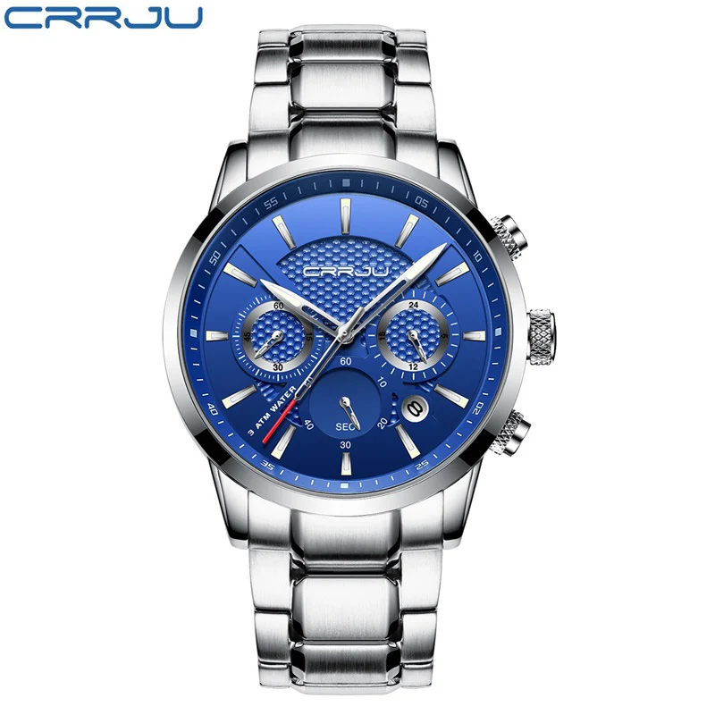 CRRJU Chronograph Mens Watches Calendar Small Timers Full Steel Band