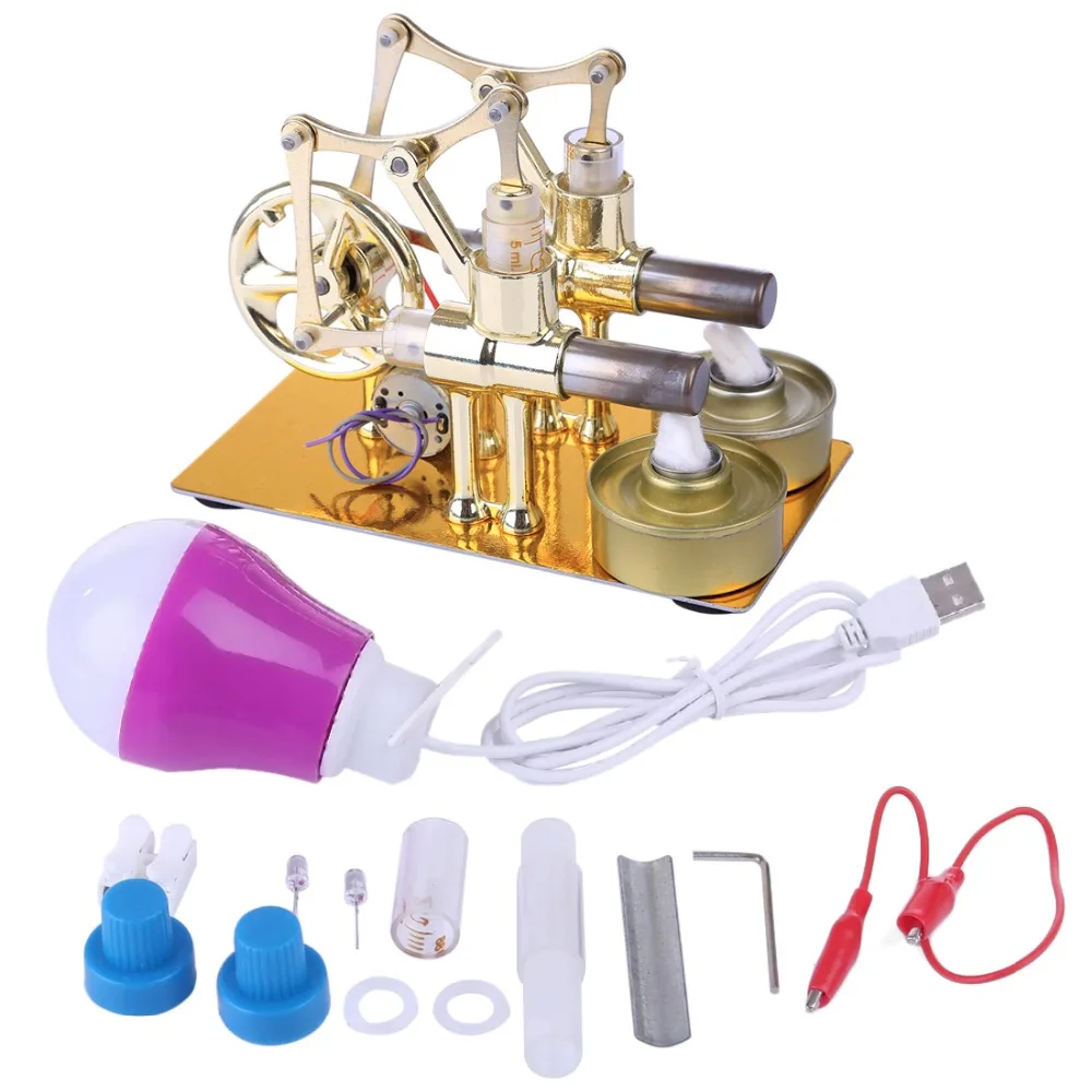

1Pc Gamma Stirling Engine Metal Double Cylinder Bulb External Combustion Heat Power Engine Model Physics Science Experiment Toy