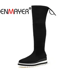 ENMAYER женские Ботфорты зашнуровать ботинки для женщин Size34-39 осень-зима из коровьей замши без шнуровки туфли на высоком каблуке CR679