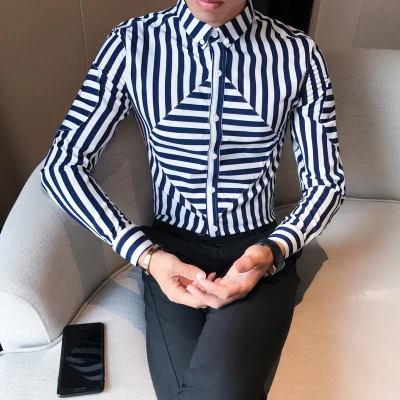 Blue Stripe Shirt Мужские повседневные тонкие рубашки для выпускного вечера с длинным рукавом полосатый Смокинг Рубашка мужская мода Camisa Social Masculina 3XL-M - Color: Blue Stripe Shirt