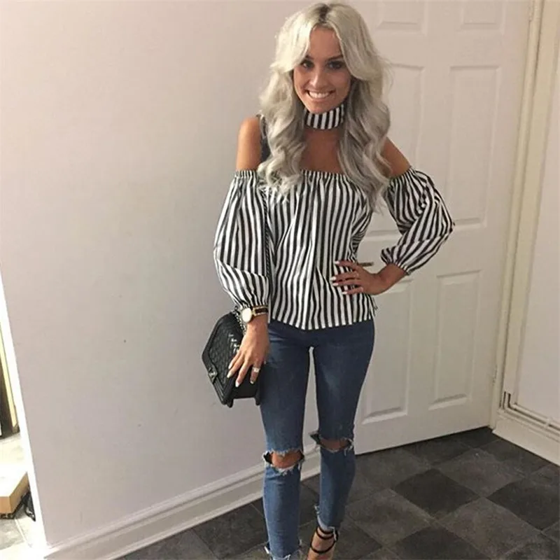Family-Matching-Clothes-2018-White-Striped-T-shirts-Long-Sleeve-Off-shoulder-T-Shirt-Mother-And (2)