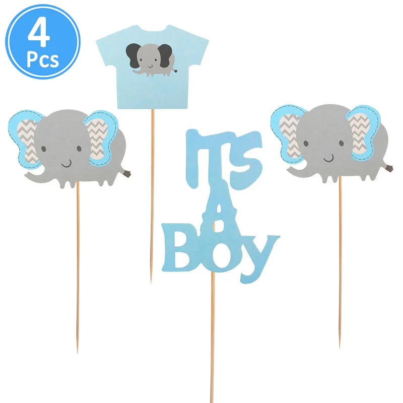 Babyshower мальчик девочка слон кекс Топпер Baby Shower Photo Booth Реквизит пол Показать аксессуары для фотобудки - Цвет: 4pcs blue topper