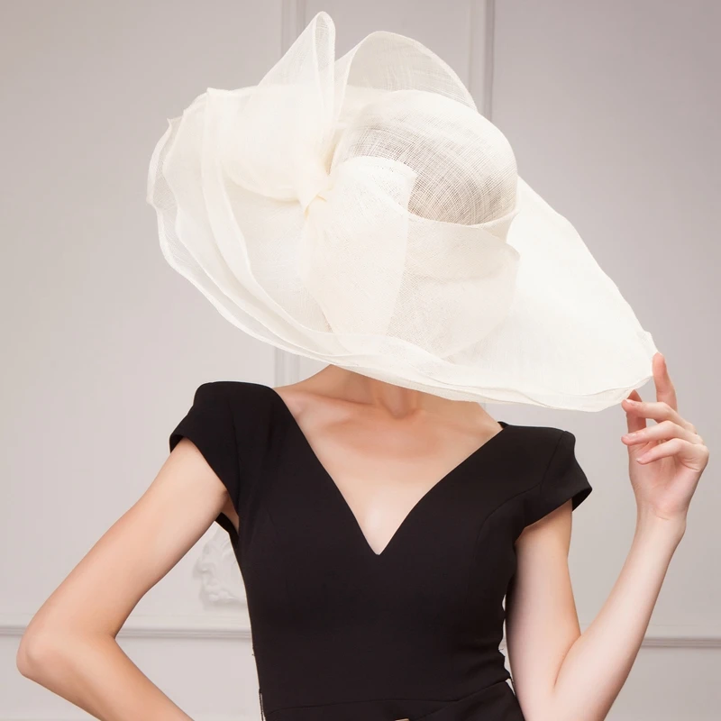Элегантные льняные Свадебные шляпы Черного, бежевого и белого цвета, дамская шляпа с большим бантом и широкими полями, Шляпа Fedora Sinamay, женская шляпа Kentucky Derby