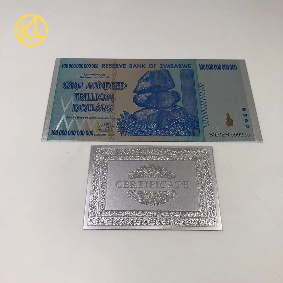 100 шт./лот, пластиковый материал, полностью покрытый серебром или золотом, сертификат для банкнот в Zimbabwe Вие