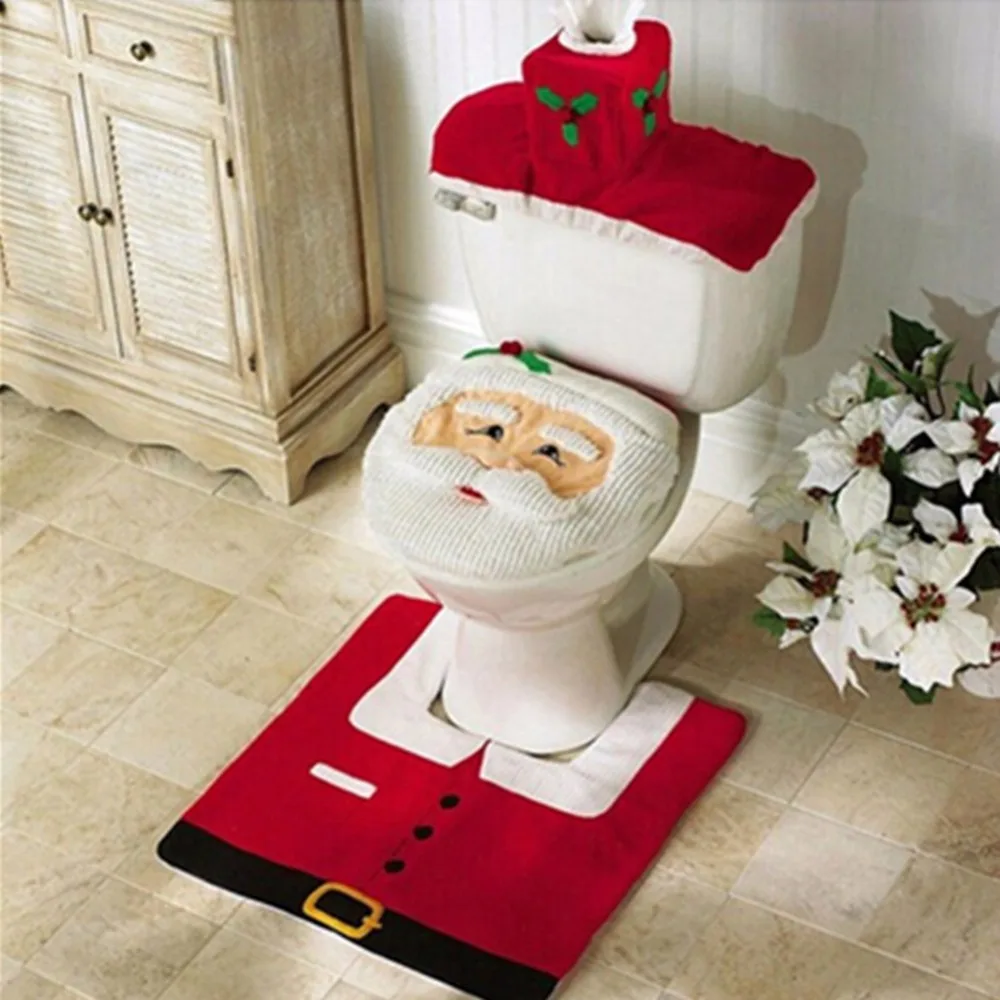 Christmas Santa Claus Toilet Seat Cover Rug Bathroom Set Contour Rug Christmas Toilet Decor for Home Papai Noel Navidad Decor