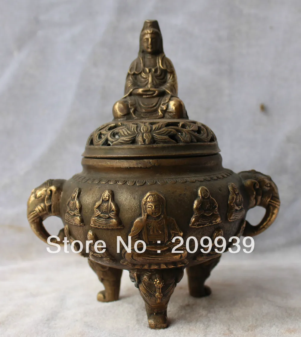 

00842 Marked Chinese Bronze Kwan-yin Guanyin Elephant Incense Burner Censer States statue