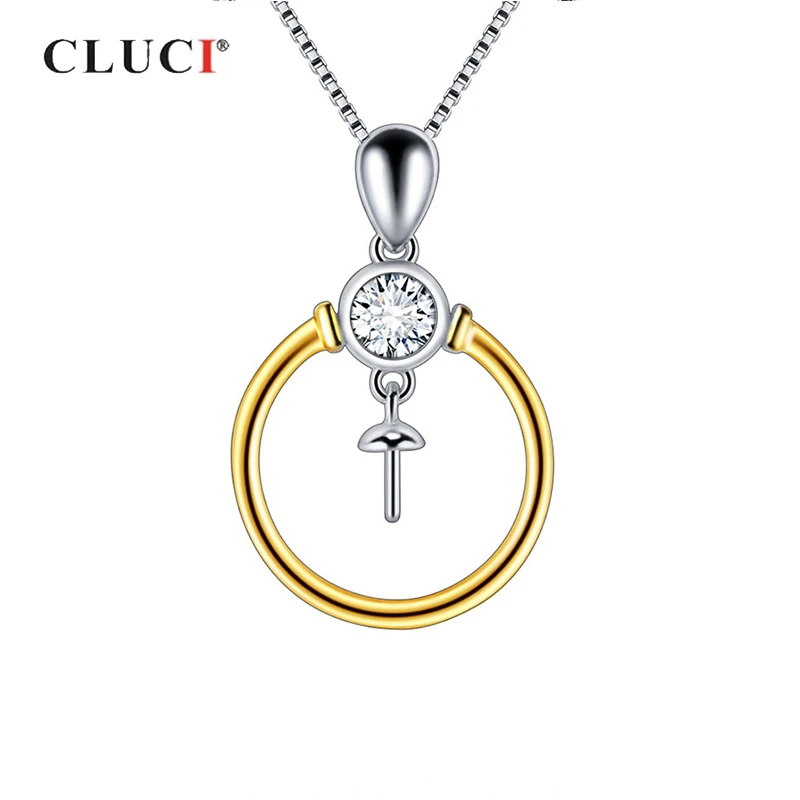 

CLUCI Silver 925 Gold Color Round Pearl Pendant Mounting Women Charms Pendant Jewelry 925 Sterling Silver Zircon Pendant