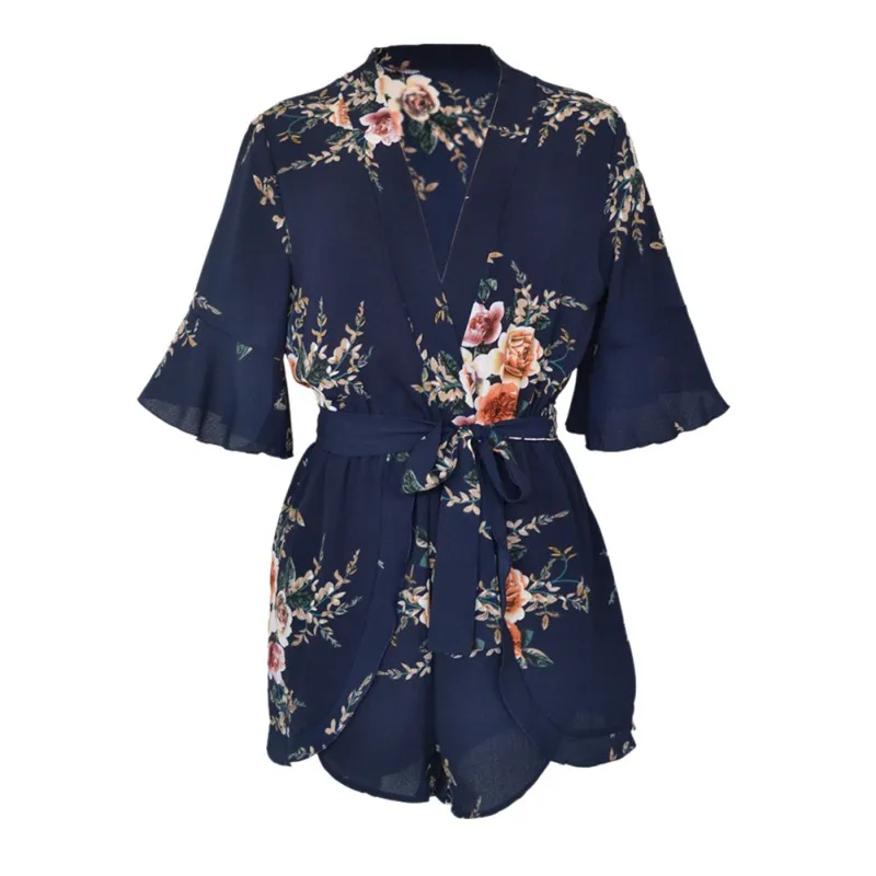Boho Red Floral Print Ruffles Playsuits Women Elegant Chiffon White V Neck Jumpsuits Rompers Sexy Beach Girls Short Overalls Jumpsuits and Playsuits