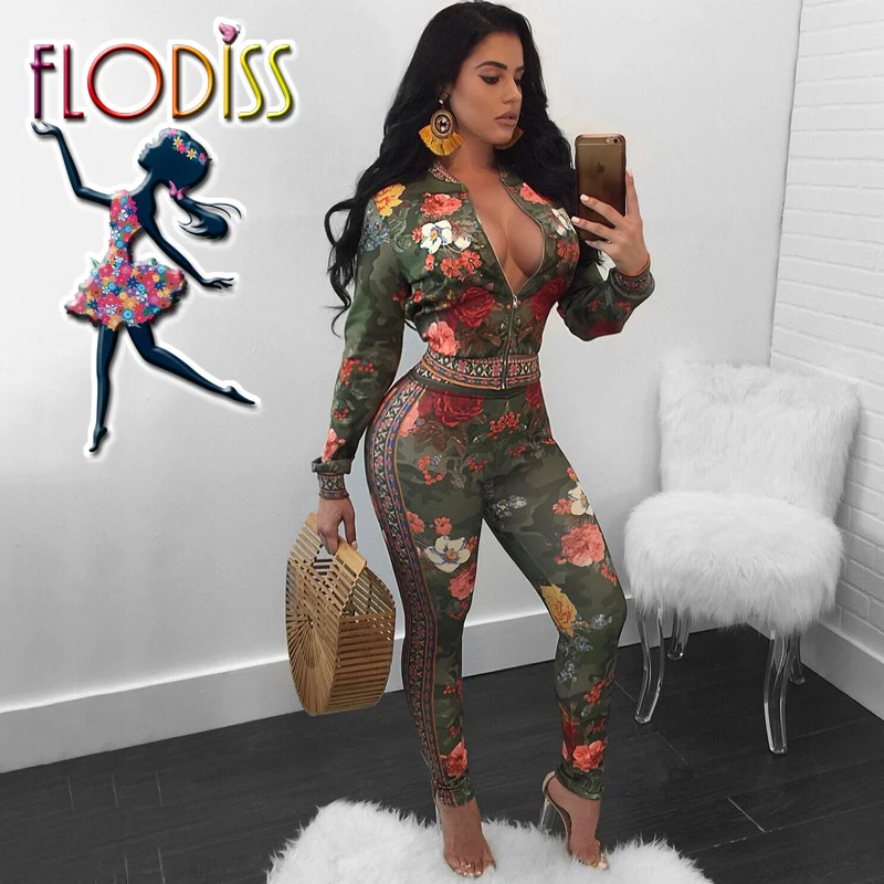 FLODISS Floral Tracksuit 2018 New Autumn Winter Women Slim Crop Jacket+Pants 2 Pcs Set Outdoor Outfit Workout Sport Suit