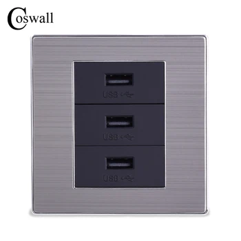 

COSWALL 3 USB Fast Charge Port For Mobile 5V 6A Output In Total Luxury Wall Power Socket Stainless Steel Brushed Silver Panel