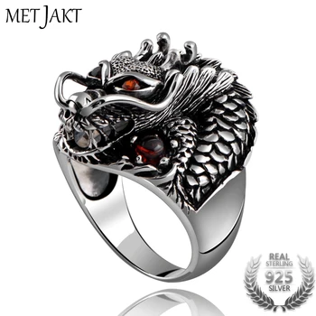 

MetJakt Fashion Vintage 925 Sterling Silver Domineering Dragon Ring with Ruby Punk Rock Rings for Men's Fine Jewelry