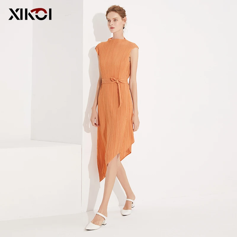 

XIKOI Pleated Dress Bodycon Half-high Collar Sleeveless Summer Clothes for Women Midi Dress Original Female Vestidos