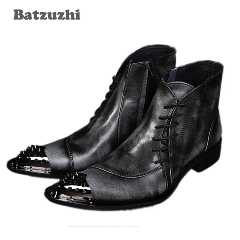 Batzuzhi Luxury Mens Leather Shoes Fashion Designer Metal Toe Lacing Up Grey Short Ankle Boots For Man Size 38-46 |