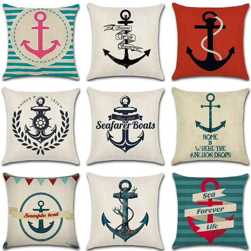 

Square 18" Nautical Style Anchor Sailor Sailing Cotton Linen Sofa Decorative Throw Pillowcase Cushion Home Decor Mediterranean