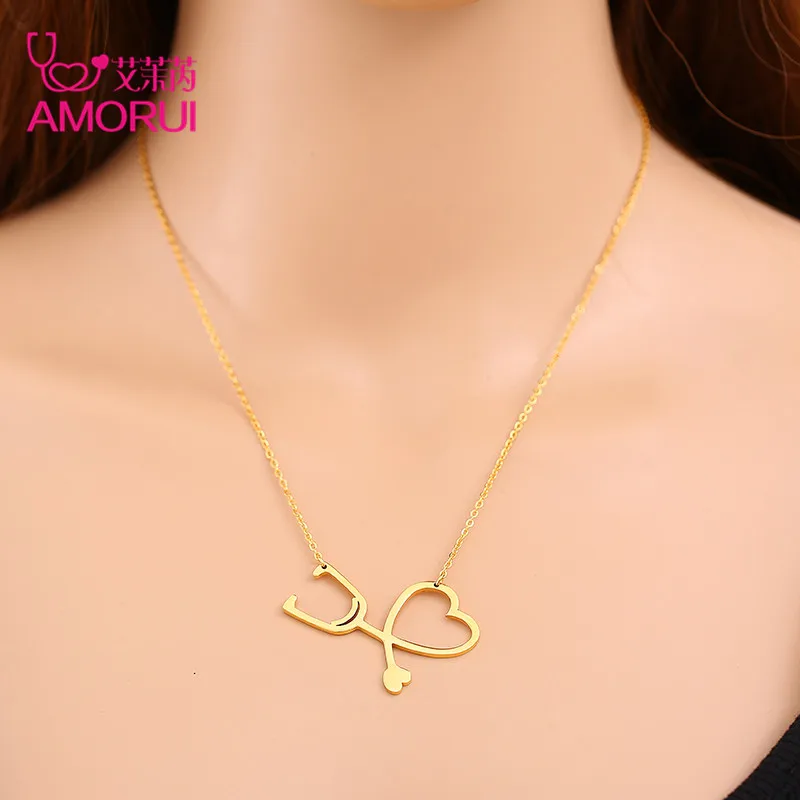AMORUI Women Love Heart Necklaces Gold Silver Stethoscope Collar Chain Necklace Jewelry Women Necklaces Pendants Collares Mujer